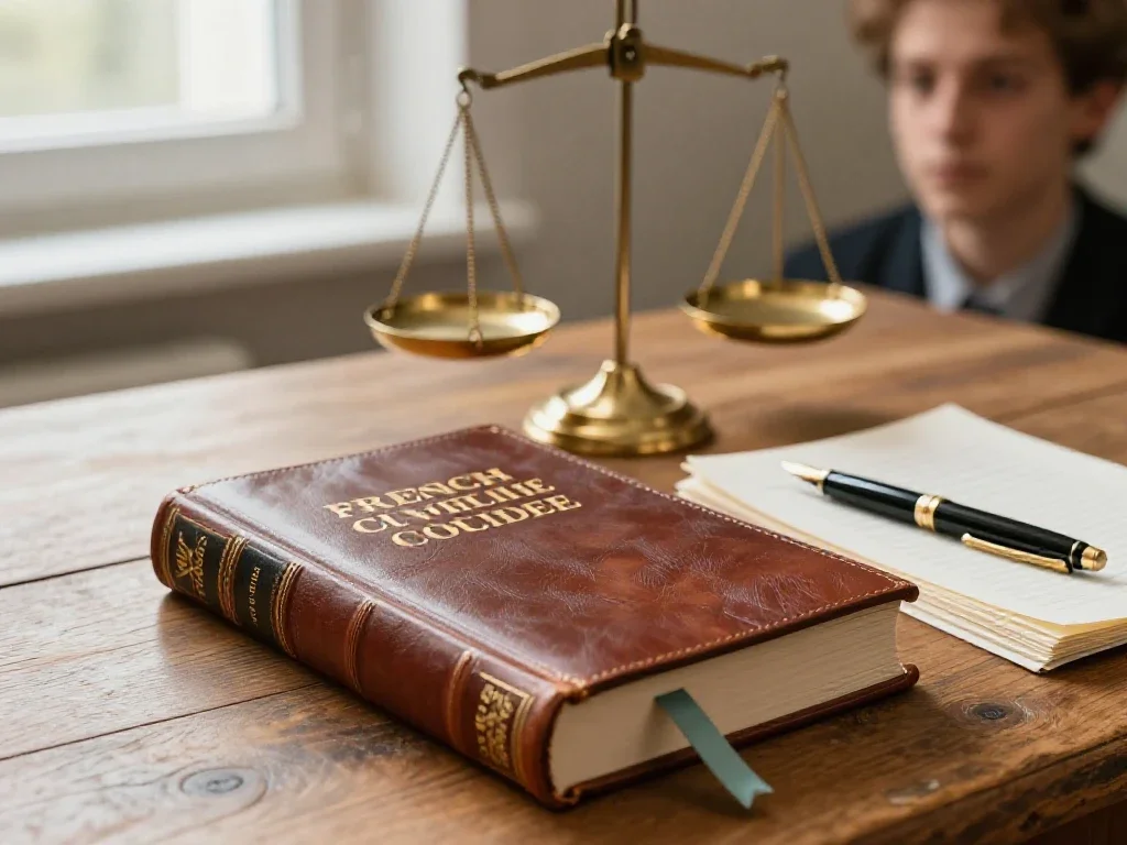 Code civil et balance de la justice sur un bureau pour illustrer des explications juridiques.